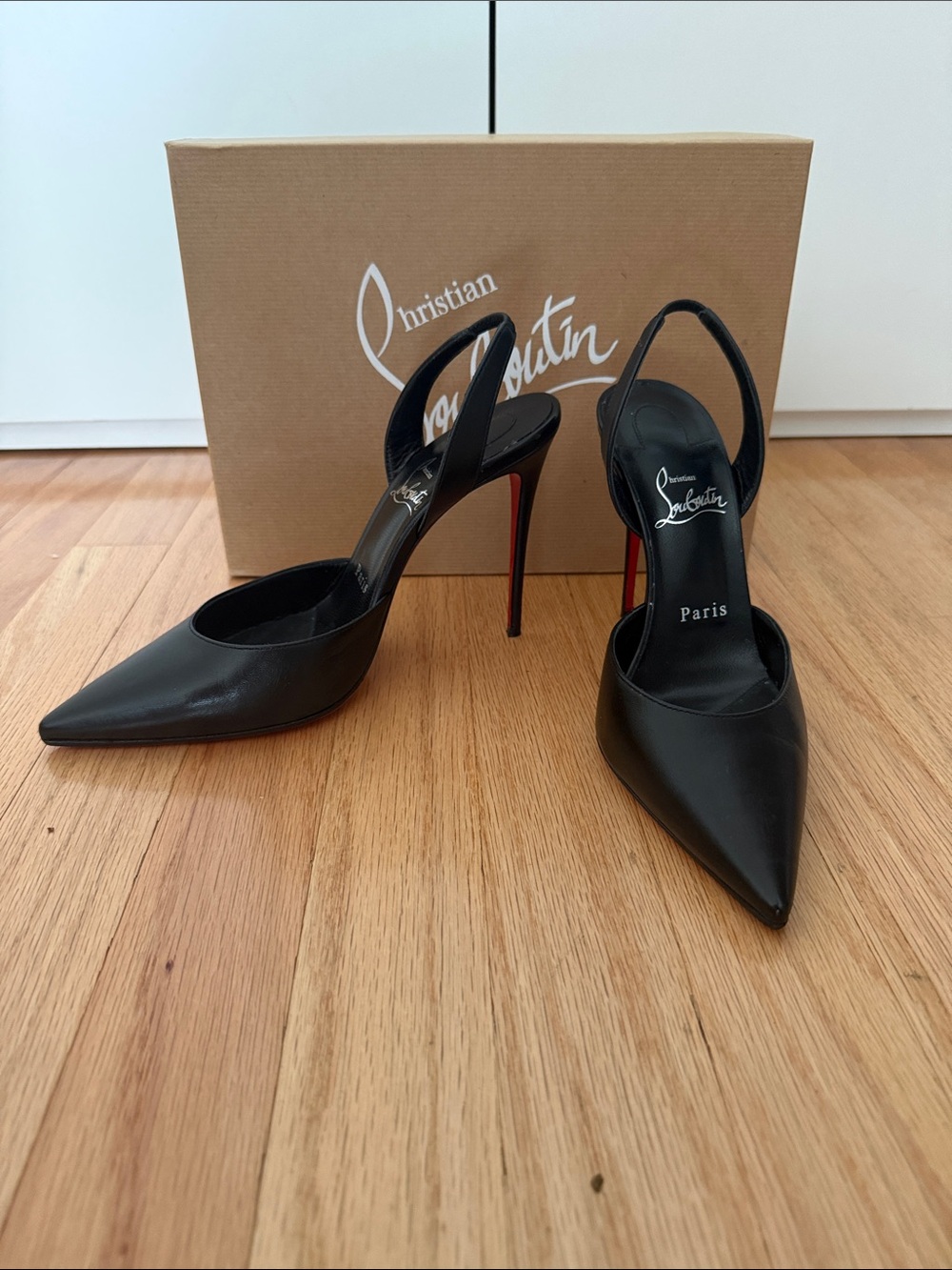 Christian Louboutin Black Leather Slingback Pointed Stilettos with Red Sole